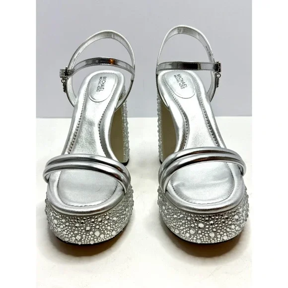 Michael Michael Kors Laci Ankle-Strap Platform Sandals Silver Size 10 NWT/BOX - Picture 3 of 9
